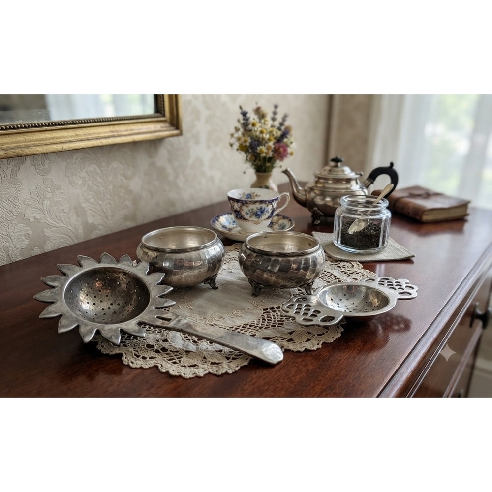 Vintage Silver Tone Tea Strainer Set with Footed Drip Bowls Sunburst Lattice 4pc